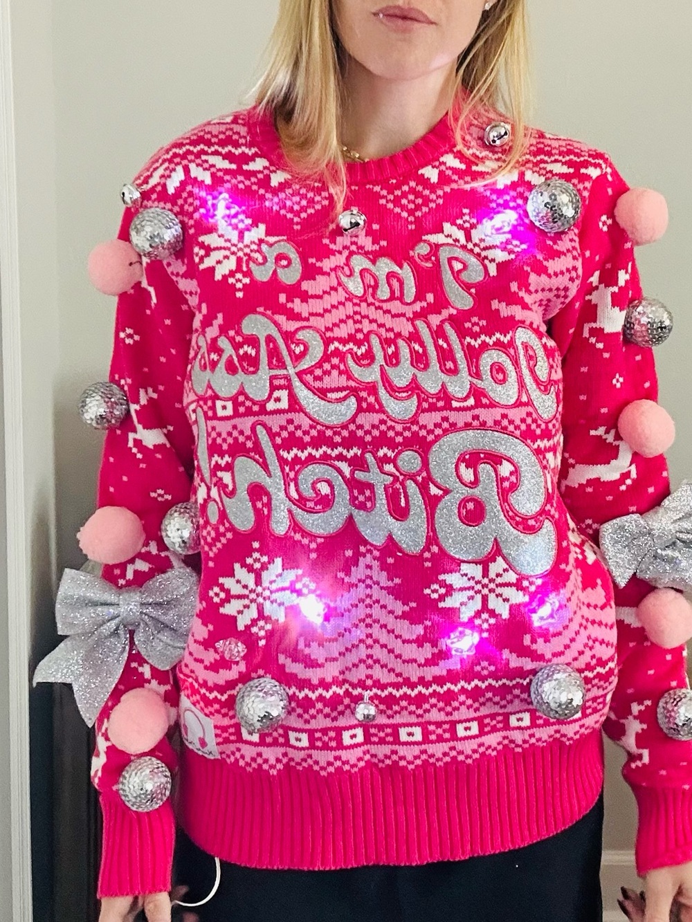 Spirit Bright Pink Light-Up Holiday Sweater with Pom-Poms